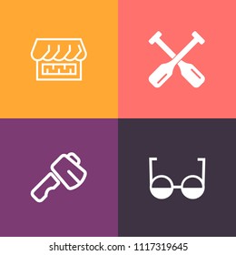 Modern, simple vector icon set on colorful background with grocery, building, frame, eyeglasses, water, optical, sea, store, marine, decoration, modern, oar, pliers, curtain, white, screwdriver icons