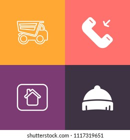 Modern, simple vector icon set on colorful background with phone, outgoing, button, textile, communication, sport, user, dump, architecture, lorry, new, construction, estate, incoming, car, cap icons