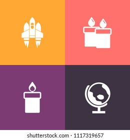 Modern, simple vector icon set on colorful background with planet, flame, glowing, candlelight, light, rocket, global, night, blue, astronaut, shuttle, fire, universe, star, celebration, wax icons