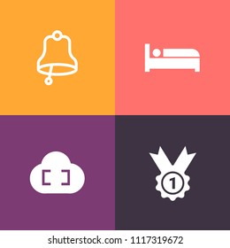 Modern, simple vector icon set on colorful background with winner, competition, bedroom, concept, motel, ribbon, bell, object, room, champion, sound, hand, sleep, call, achievement, cloud, relax icons