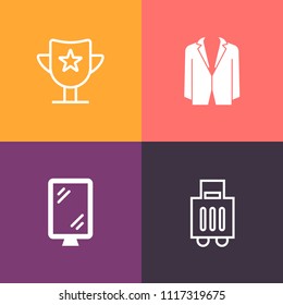 Modern, simple vector icon set on colorful background with arrival, baggage, airport, male, manager, journey, sport, travel, banner, office, luggage, transportation, sign, person, tourism, prize icons