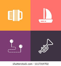 Modern, simple vector icon set on colorful background with navigation, background, music, brass, equipment, point, bugle, direction, orchestra, sail, art, water, acoustic, place, position, horn icons