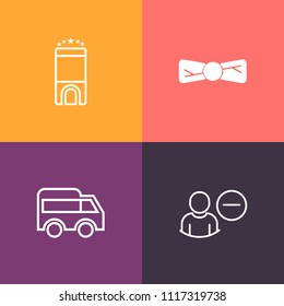 Modern, simple vector icon set on colorful background with car, travel, sign, hotel, bow, accessory, accommodation, bed, men, arrow, traffic, remove, interior, wear, business, web, bedroom, suit icons