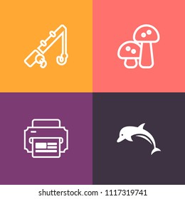 Modern, simple vector icon set on colorful background with printer, wildlife, dolphin, hook, rod, blue, ingredient, champignon, nature, leap, tackle, catch, jump, mushroom, wild, edible, hobby icons