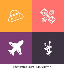 Modern, simple vector icon set on colorful background with alien, nature, ship, antenna, agriculture, global, flight, fiction, wireless, network, spaceship, satellite, transportation, graphic icons