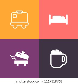 Modern, simple vector icon set on colorful background with pillow, bedroom, terminal, business, boiler, apartment, furniture, suitcase, baggage, drink, transport, coffee, water, espresso, house icons