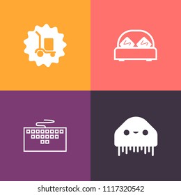 Modern, simple vector icon set on colorful background with box, freight, bed, web, laptop, keyboard, space, work, bedroom, house, creature, logistic, humanoid, ufo, cargo, science, monster, home icons