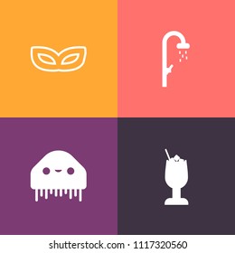 Modern, simple vector icon set on colorful background with festival, bath, fiction, shower, lemon, mask, wash, party, home, ice, costume, fresh, bar, health, creature, masquerade, water, ufo icons