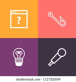 Modern, simple vector icon set on colorful background with speech, bulb, text, studio, page, communication, bright, mic, sound, fishing, lamp, information, office, radio, white, sport, catch icons