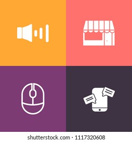 Modern, simple vector icon set on colorful background with speech, buy, interface, input, consumer, commerce, store, loud, mouse, device, mobile, phone, button, sale, shop, message, web, sign icons