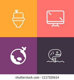 Modern, simple vector icon set on colorful background with washroom, display, fresh, globe, bathroom, airplane, monitor, toilet, travel, earth, computer, technology, hygiene, fly, public, modern icons