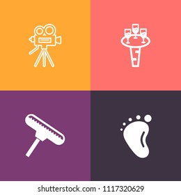 Modern, simple vector icon set on colorful background with body, tripod, bar, wineglass, kid, mother, love, background, small, movie, glass, cinema, childhood, tool, sign, camera, beverage, foot icons