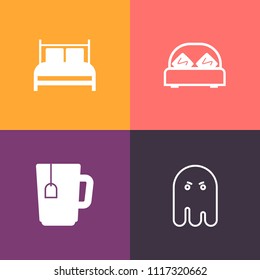 Modern, simple vector icon set on colorful background with sign, motel, coffee, double, cafe, house, restaurant, pillow, evil, fear, comfortable, shadow, apartment, night, ghost, room, beverage icons