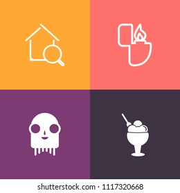 Modern, simple vector icon set on colorful background with burn, strawberry, smoke, concept, building, search, extraterrestrial, tobacco, internet, website, light, humanoid, flame, gas, property icons