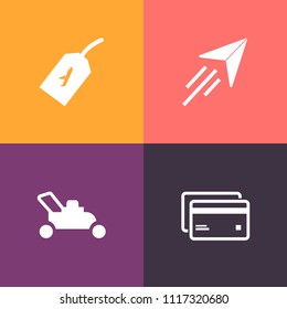 Modern, simple vector icon set on colorful background with buy, finance, origami, aviation, financial, tool, air, sign, credit, card, cut, plane, debit, gardening, tag, tourism, money, flight icons
