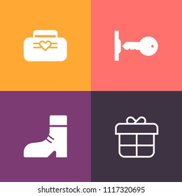 Modern, simple vector icon set on colorful background with handle, decoration, accessory, object, handbag, security, foot, white, holiday, background, key, leather, brown, package, secure, red icons