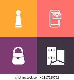 Modern, simple vector icon set on colorful background with web, construction, knight, concept, rook, white, contact, city, phone, urban, property, female, castle, accessory, competition, modern icons
