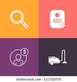 Modern, simple vector icon set on colorful background with look, appliance, web, concept, banking, identity, technology, identification, glass, magnifying, success, tool, dust, investment, sign icons