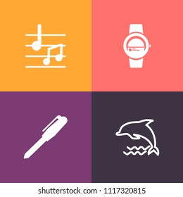 Modern, simple vector icon set on colorful background with sea, school, graphic, device, wild, clef, office, technology, marine, watch, display, ocean, note, internet, treble, touch, leap, jump icons