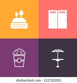 Modern, simple vector icon set on colorful background with doughnut, espresso, interior, dessert, pastry, open, muffin, sign, chocolate, cafe, blur, entrance, silhouette, light, food, cookie icons