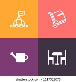Modern, simple vector icon set on colorful background with plant, container, life, flight, white, furniture, luggage, interior, table, airplane, emergency, travel, water, chair, safety, float icons