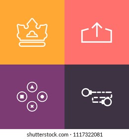 Modern, simple vector icon set on colorful background with strength, mobile, royalty, entertainment, jewelry, imperial, chain, graphic, internet, gaming, upload, business, pad, concept, crown icons