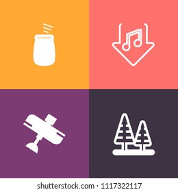 Modern, simple vector icon set on colorful background with transportation, travel, coniferous, music, environment, player, trunk, web, landscape, aviation, audio, flight, acoustic, foliage, air icons