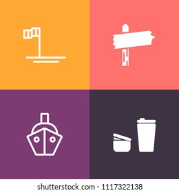 Modern, simple vector icon set on colorful background with concept, cafe, green, direction, cup, shipping, sea, arrow, blue, road, travel, transportation, morning, beverage, container, cargo icons