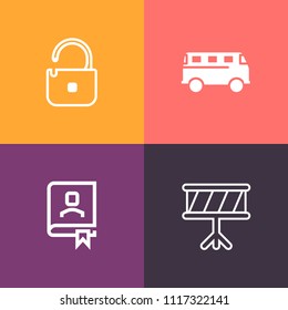 Modern, simple vector icon set on colorful background with bus, padlock, unlock, guitar, orchestra, safety, phone, car, book, travel, security, highway, motion, web, sign, road, protection, drum icons