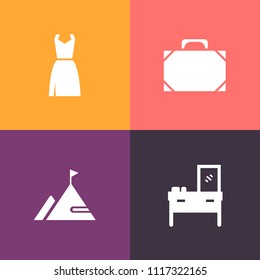 Modern, simple vector icon set on colorful background with female, luggage, furniture, style, beauty, mountain, summer, brown, decoration, modern, travel, interior, adventure, room, nature, girl icons