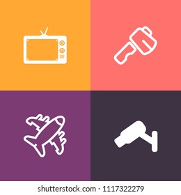 Modern, simple vector icon set on colorful background with tv, protection, aviation, transport, travel, axe, show, brush, repair, tool, equipment, sky, aircraft, entertainment, air, construction icons