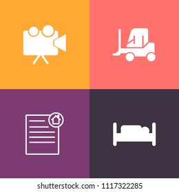 Modern, simple vector icon set on colorful background with presentation, apartment, technology, bedroom, mortgage, modern, business, hotel, delivery, service, white, commercial, film, investment icons