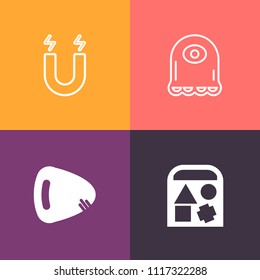 Modern, simple vector icon set on colorful background with musical, duck, teddy, attraction, field, guitar, rock, beast, science, acoustic, ball, game, electric, magnet, character, education icons