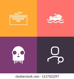 Modern, simple vector icon set on colorful background with science, pc, alien, creature, computer, space, account, maritime, search, humanoid, character, internet, transportation, water, ship icons