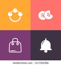 Modern, simple vector icon set on colorful background with sale, food, chocolate, hand, childhood, sweet, play, alert, baby, snack, paper, object, child, call, newborn, retail, dessert, bag, toy icons