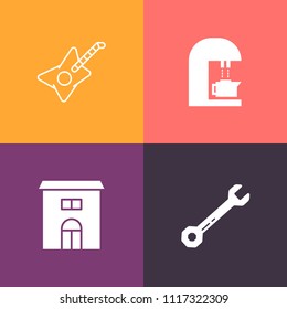Modern, simple vector icon set on colorful background with concert, equipment, wrench, screwdriver, building, construction, bean, real, guitar, beverage, music, sound, jazz, instrument, cup, hot icons