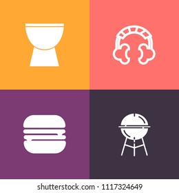 Modern, simple vector icon set on colorful background with audio, piano, grilling, sandwich, hamburger, charcoal, fire, cheeseburger, stereo, entertainment, bbq, object, percussion, gadget, drum icons