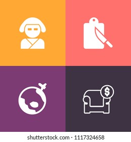 Modern, simple vector icon set on colorful background with price, knife, beautiful, young, hair, airplane, fashion, equipment, table, cut, furniture, modern, retail, restaurant, costume, world icons