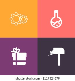 Modern, simple vector icon set on colorful background with message, open, prosthesis, tool, birthday, letter, delivery, bow, business, implant, man, equipment, concept, sign, science, tooth, box icons