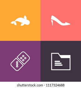 Modern, simple vector icon set on colorful background with open, business, heel, blank, row, fish, paper, office, risk, document, sea, footwear, folder, play, style, elegance, high, food, game icons