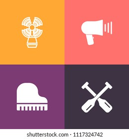 Modern, simple vector icon set on colorful background with canoe, instrument, loud, sound, old, piano, navigation, rowing, keyboard, audio, oar, paddle, building, boat, speaker, travel, sport icons