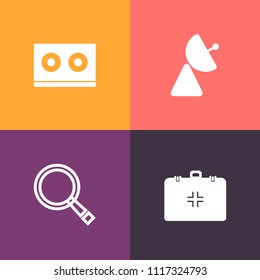 Modern, simple vector icon set on colorful background with sign, communication, audio, vintage, care, tape, sound, zoom, antenna, kit, magnifying, emergency, radio, medical, medicine, health icons