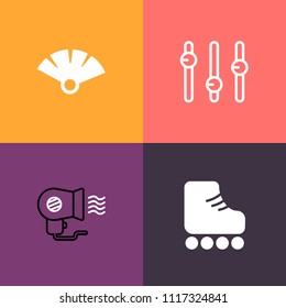 Modern, simple vector icon set on colorful background with japan, appliance, roller, hot, air, retro, skate, concept, boot, white, paper, style, dryer, vintage, season, people, leisure, culture icons
