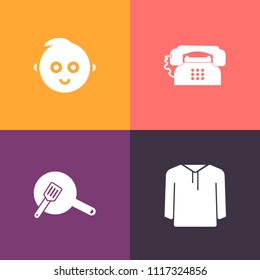 Modern, simple vector icon set on colorful background with apparel, view, food, kid, phone, fashion, connection, blue, boy, clothes, baby, girl, internet, child, jacket, coat, shirt, toddler icons