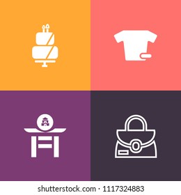 Modern, simple vector icon set on colorful background with traditional, bakery, percussion, clothing, clothes, baked, taiko, pastry, handbag, luggage, tasty, pie, white, sweet, style, object icons