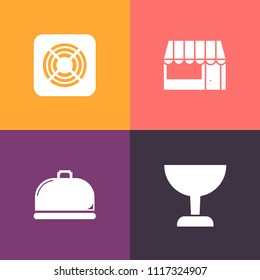 Modern, simple vector icon set on colorful background with ventilator, search, food, dish, cart, sale, focus, store, zoom, fan, dinner, service, consumer, find, sign, commerce, menu, plate, heat icons