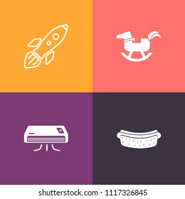 Modern, simple vector icon set on colorful background with science, air, travel, conditioner, rocking, dinner, teddy, meal, rocket, mission, spaceship, sausage, orbit, american, duck, play, fast icons