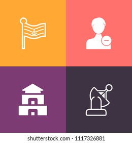 Modern, simple vector icon set on colorful background with communication, avatar, buddhism, wireless, nation, human, navigation, account, person, architecture, system, space, temple, patriot icons