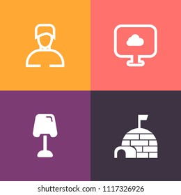 Modern, simple vector icon set on colorful background with guy, inuit, character, house, web, technology, modern, furniture, ice, cold, weather, male, interior, casual, blue, internet, people icons