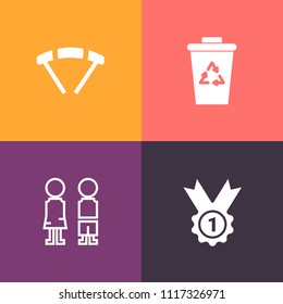 Modern, simple vector icon set on colorful background with recycle, victory, reuse, high, landing, together, environment, female, prize, pollution, rubbish, jump, air, happy, child, fly, people icons